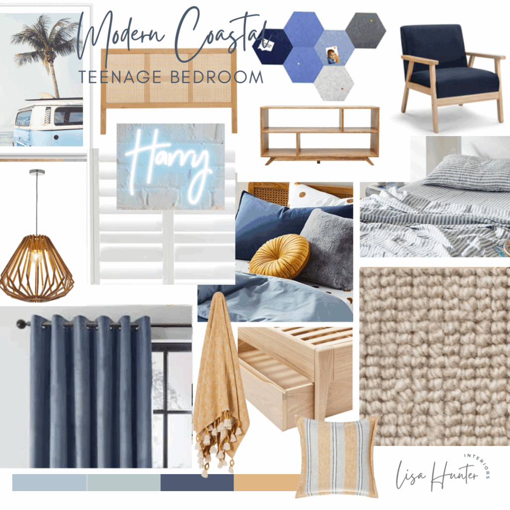 Modern coastal teenage bedroom mood board featuring timber furniture, blue textiles, woven textures and relaxed Australian styling.