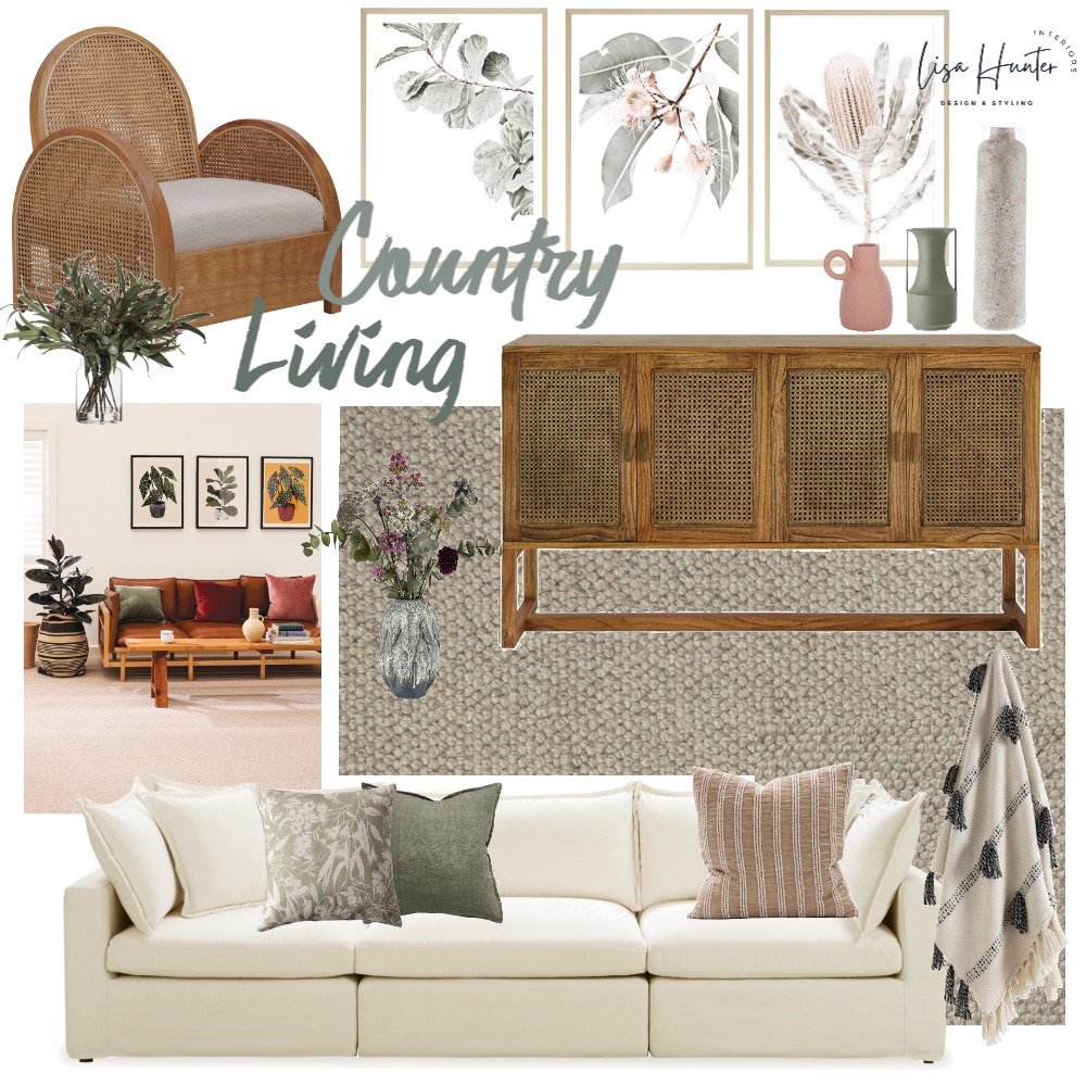 Modern country interior mood board featuring timber furniture, woven textures, layered cushions and neutral tones for relaxed Australian living.