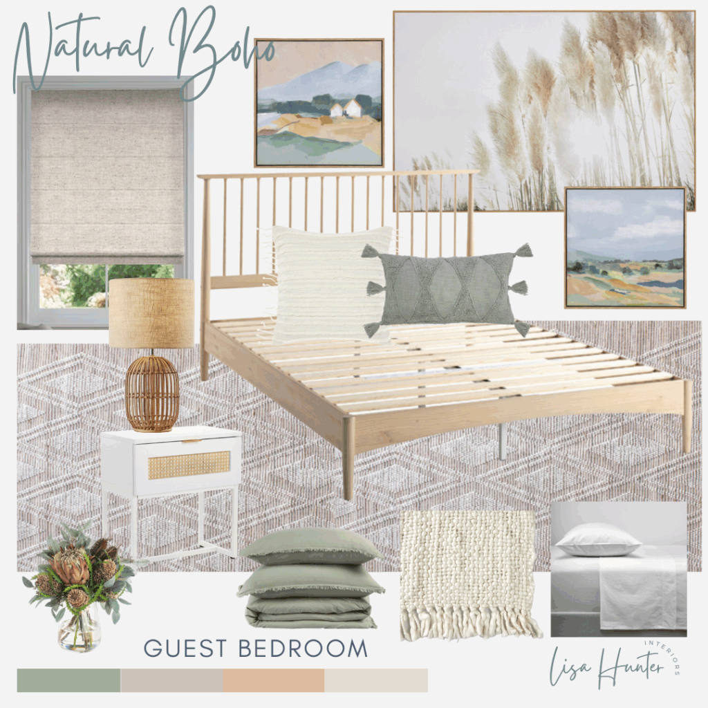 Natural boho guest bedroom mood board featuring timber bed, woven textures, neutral bedding and layered artwork in a modern organic style