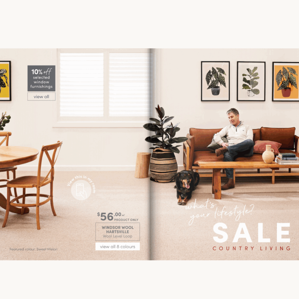 Modern country living room styled with Windsor Wool Hartsville carpet, timber furniture and layered natural textures in an Australian home.